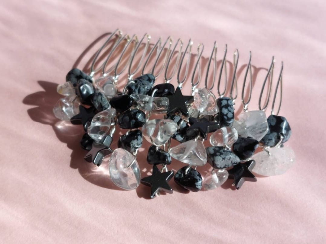 Clear quartz and snowflake obsidian crystal hair comb