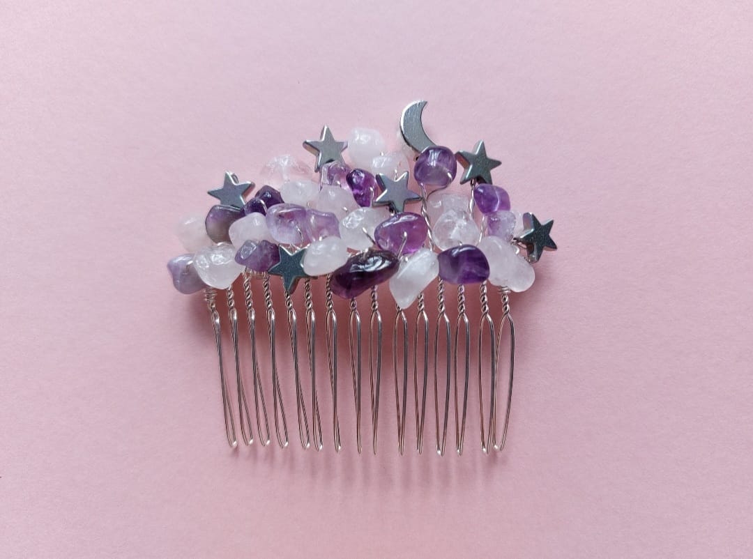 Amethyst and rose quartz crystal hair comb