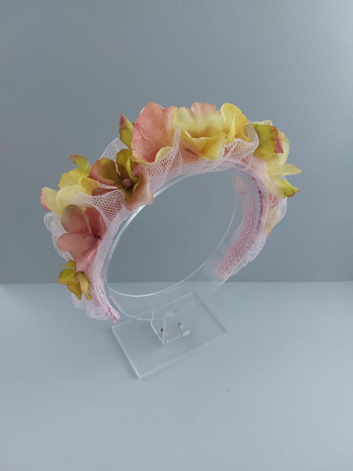 Pink and yellow tulle flower headband