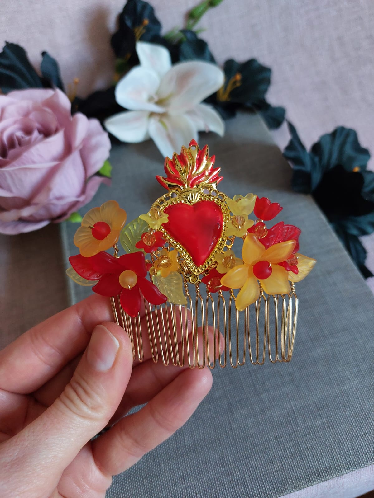 Red and orange flaming heart hair comb