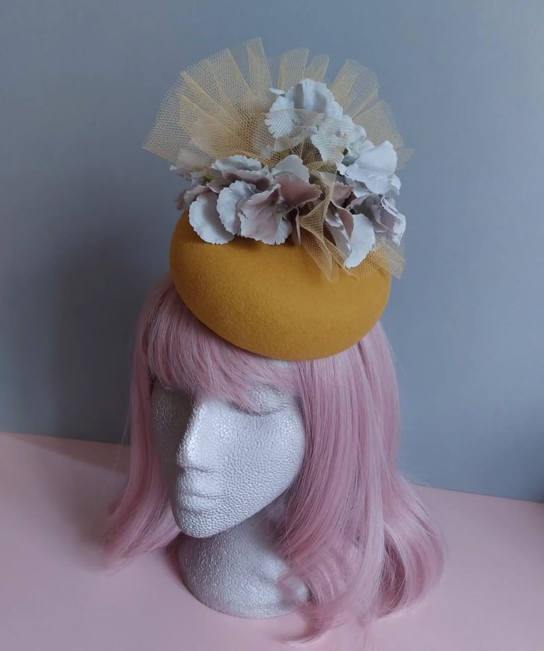 Mustard and grey wool felt hat