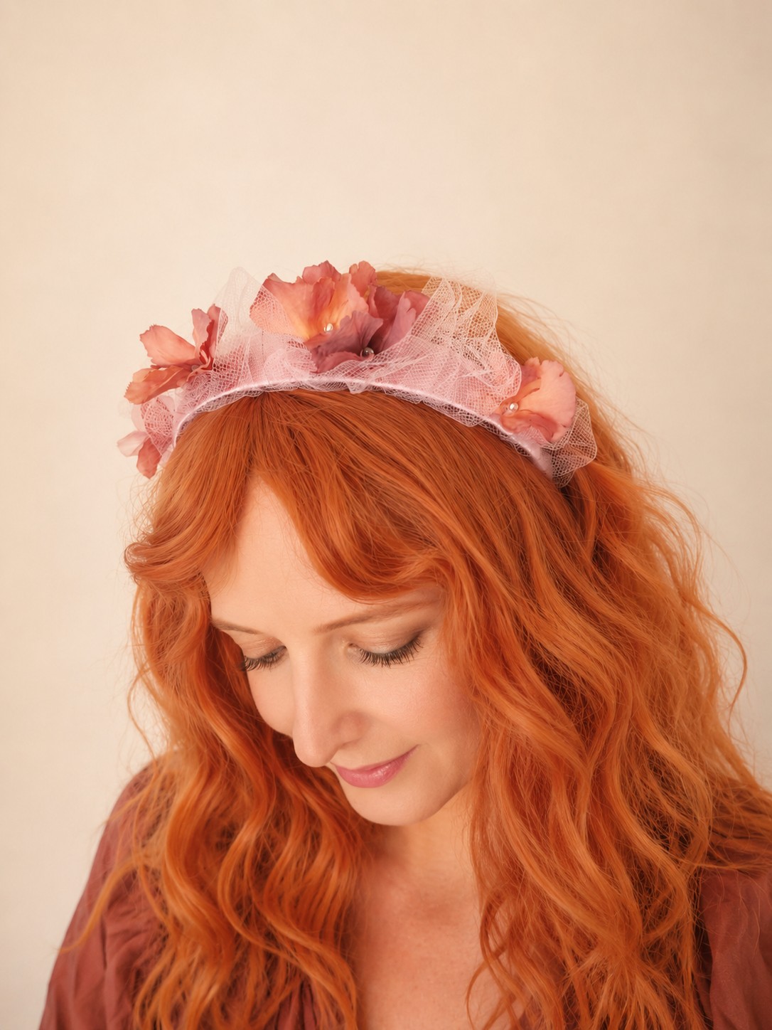 Pink spring floral tulle crown