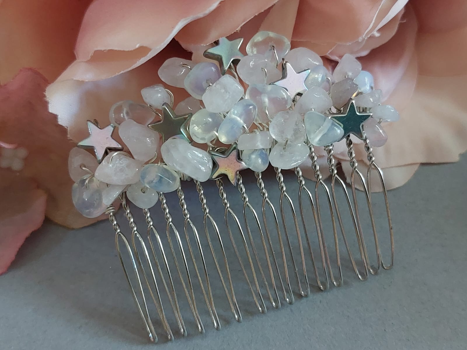 Bubble gum cloud rose quartz and opalite hair comb