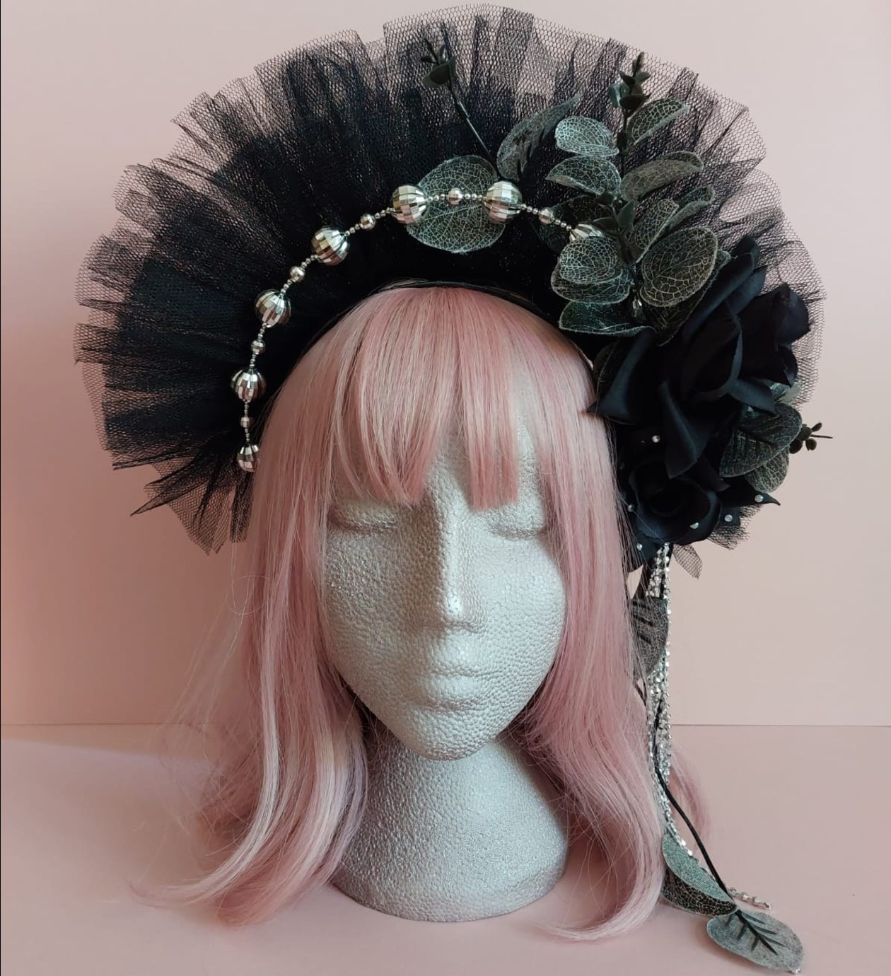 Black and silver dark disco diva headdress, black festival headdress