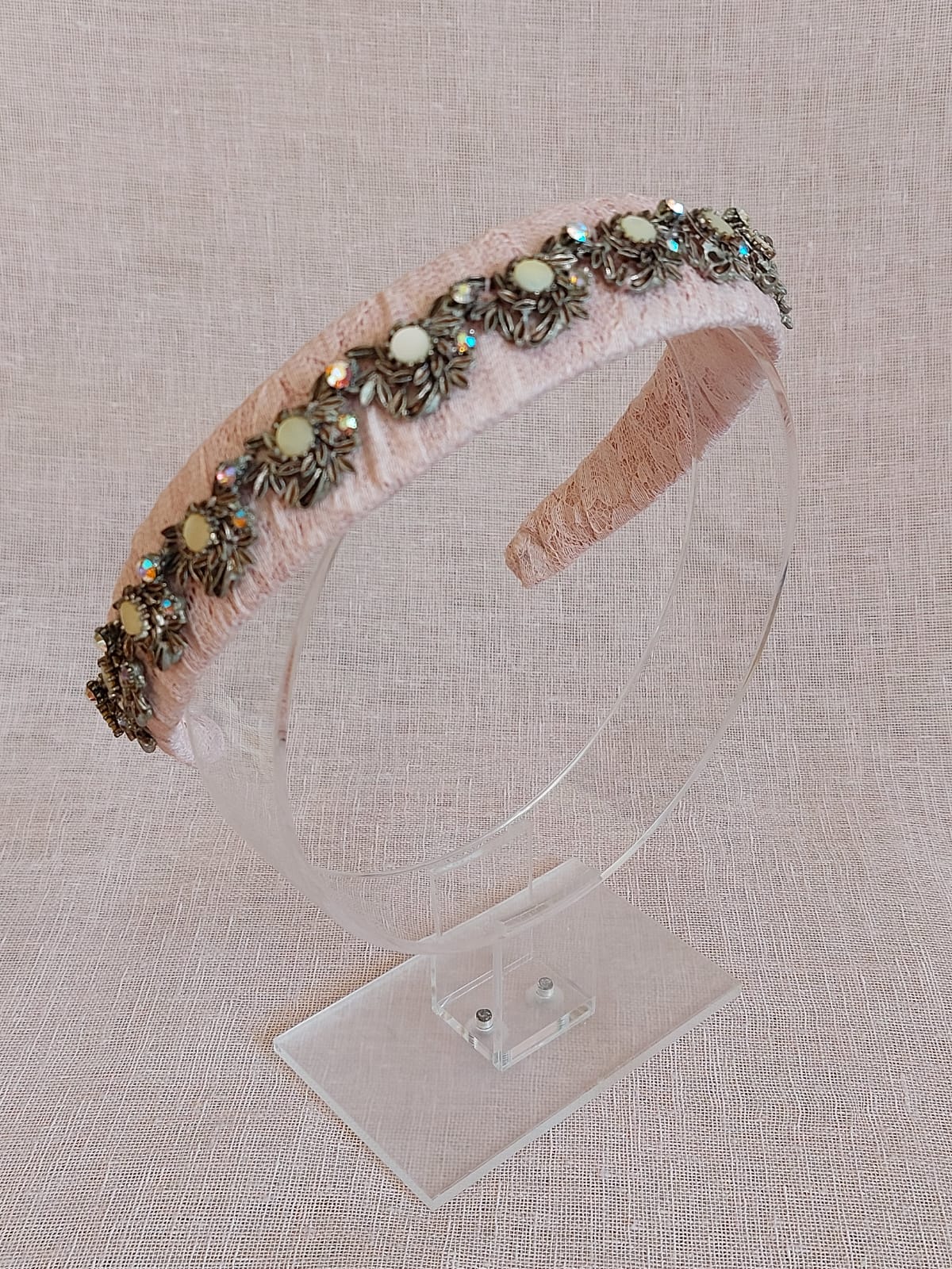 Pink lace and vintage jewel headband